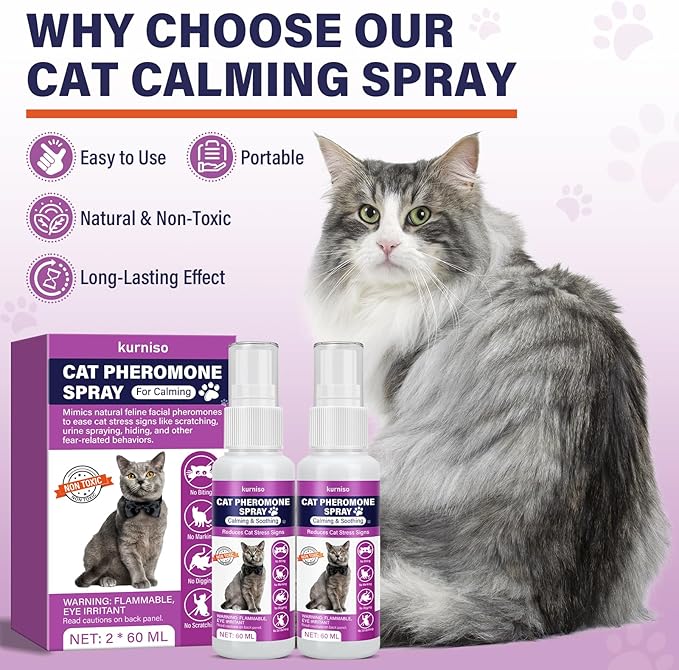 Cat Calming Pheromone Spray, 2 Pack, Calming Spray for Cat Anxiety Relief, Reduce Stress, Hiding &amp; Scratching Furniture - During Travel, Fireworks, Thunder, 60 ML