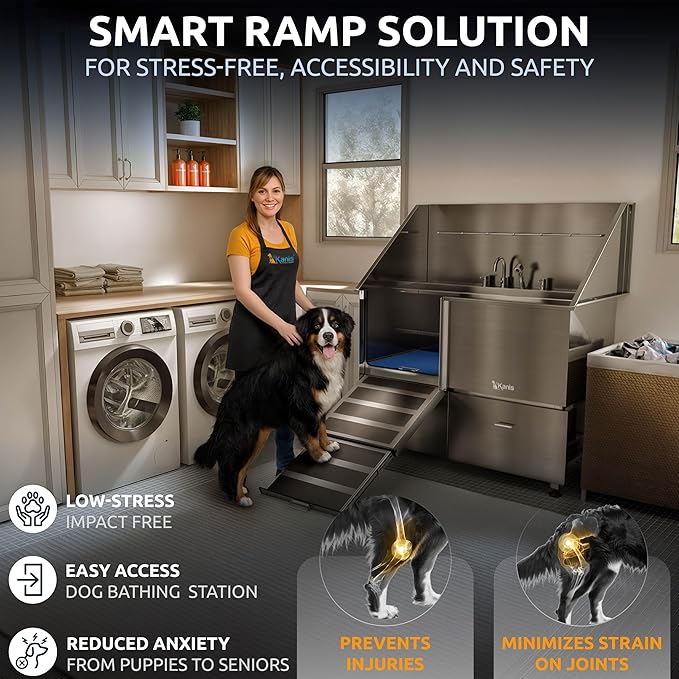 KANIS Professional Dog Washing Station - 304 Stainless Steel Pet Wash Sink &amp; Grooming Bath Tub for Home with Ramp, Shower, Floor Grate, Storage Drawers, and Faucet for Large, Medium &amp; Small Pets