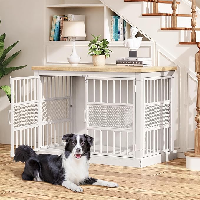 VOPEAK 40" Dog Crate Furniture, Chew Resistant Large Dog Crate for Medium Large Dogs, Heavy Duty Dog Crates Dog Kennel Cage Indoor with Double Doors, Wooden End Table for Bedroom Living Room