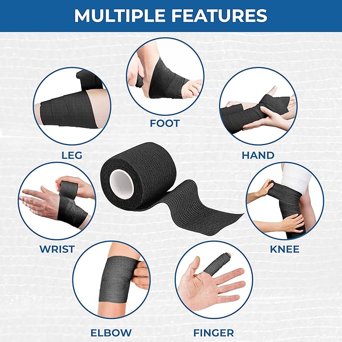 Self Adhesive Bandage Wrap - Pack of 12 Black Color, Non-Woven, Breathable &amp; Water-Resistant Vet Wrap for First Aid, Sports Injury, Body Sprains, &amp; Pets - 2 Inch x 5 Yards