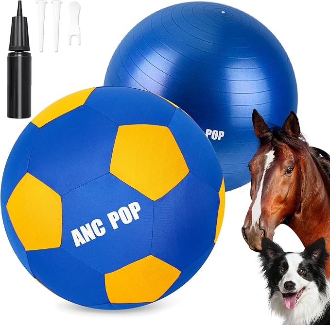 Herding Ball for Dogs Horse Ball &amp; Cover 25" for Horses Large with Hand Pump for Play, Blue and Yellow