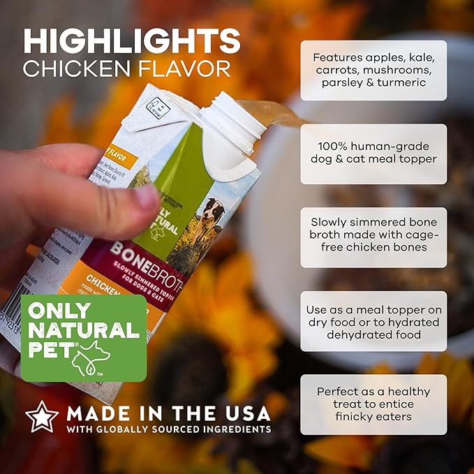 Only Natural Pet Bone Broth Chicken Flavor Dog &amp; Cat Meal Topper, 100% Human-Grade Slow-Simmered, Free-Range for Dry Food or to Hydrate Dehydrated Food - (2-Pack / 11.16 oz Each)