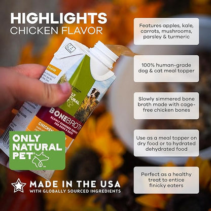 Only Natural Pet Bone Broth Chicken Flavor Dog &amp; Cat Meal Topper, 100% Human-Grade Slow-Simmered, Free-Range for Dry Food or to Hydrate Dehydrated Food - (2-Pack / 11.16 oz Each)