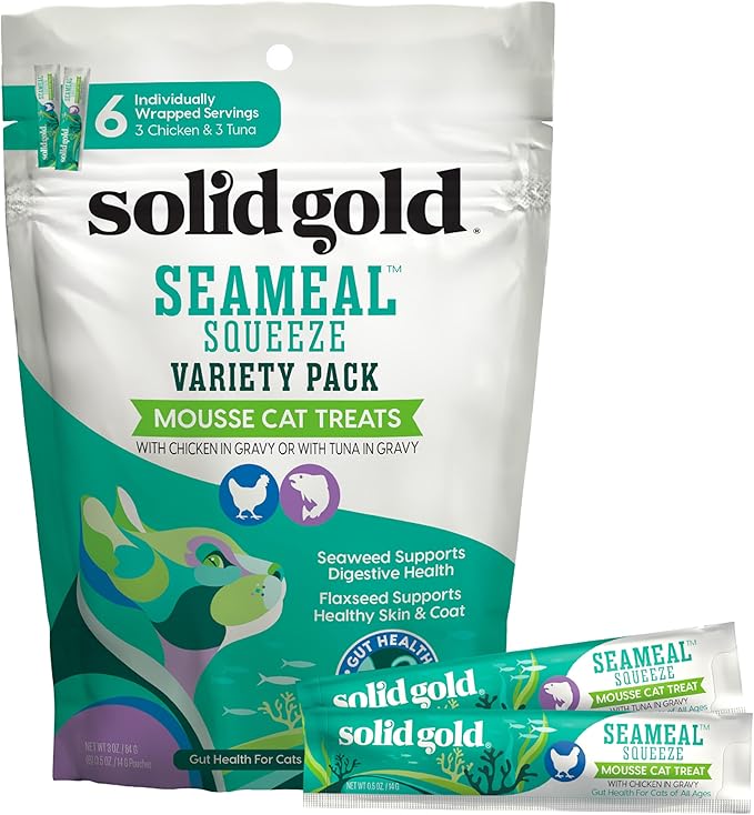 Solid Gold Lickable Cat Treats - Limited Ingredient SeaMeal Squeezable Healthy Cat Treats Variety - Chicken &amp; Tuna Snack &amp; Topper Squeeze Ups for Cats w/for Gut &amp; Immune Support - 3oz/6ct