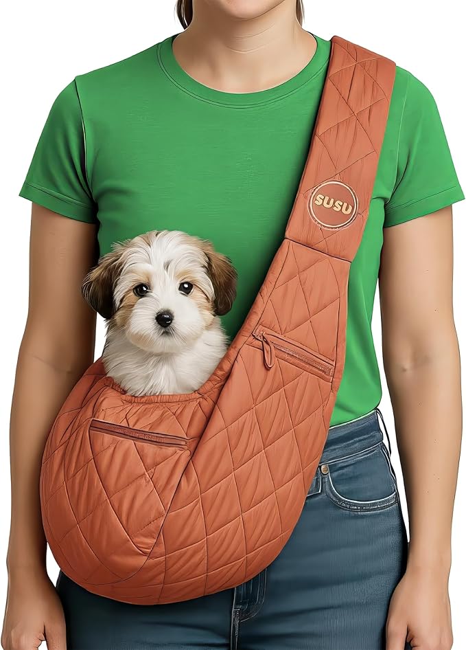 Small Dog Carrier Sling – Copper Brown Hands‑Free 2‑in‑1 Cross‑Body &amp; Handheld Pet Sling for Small Dogs up to 10 lbs, Parachute‑Grade Rip‑Stop Nylon, Padded Strap &amp; Safety Tether
