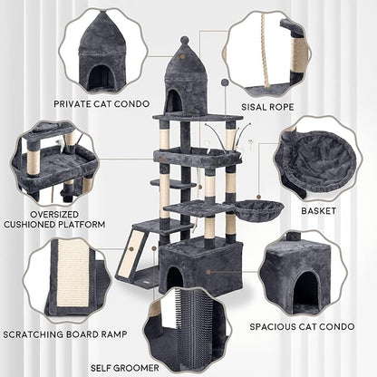 Large Cat Tree Tower for Large Cats, Cat Scratching Post, Self Grooming Post, Interactive Cat Toys, Oversized Perch and Basket, Heavy Duty 72", Dark Grey