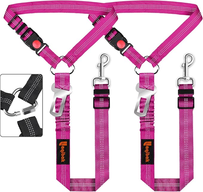 Removable Dog Seat Belt Harness for Car, 3 in 1 Pet Dog Car Seatbelt Leash, Retractable Restraint Secures to Vehicle Headrest &amp; Adjustable Reflective Bungee Dog Seatbelt Tether, Rose