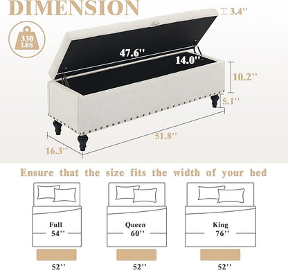 Mangodan51” Linen End of Bed Storage Bench, Tufetd Upholstered Storage Ottoman Bench with Safety Hinge, 330 lb Large Ottoman with Storages for Living Room, Entryway &amp; Bedroom, Window Benches, Beige
