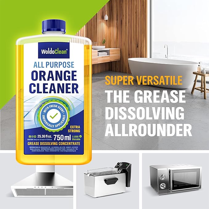 Orange Oil Cleaner Concentrated 25.36 fl oz (1 : 1000) - makes up to 200 Gallons Multi-Use Adhesive &amp; Grease Remover, Custom-Dilution Citrus Degreaser for Floors, Kitchen &amp; Bath