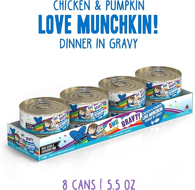 Weruva B.F.F. OMG - Best Feline Friend Oh My Gravy!, Love Munchkin! with Chicken &amp; Pumpkin in Gravy Cat Food, 5.5oz Can (Pack of 8)