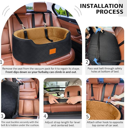 Dog Car Seat for Medium &amp; Large Dogs up to 55 lbs, Elevated Booster Seat with Anti-Slip Base, Detachable &amp; Machine-Washable Pet Car Bed for SUV/Sedan (Black/Brown)