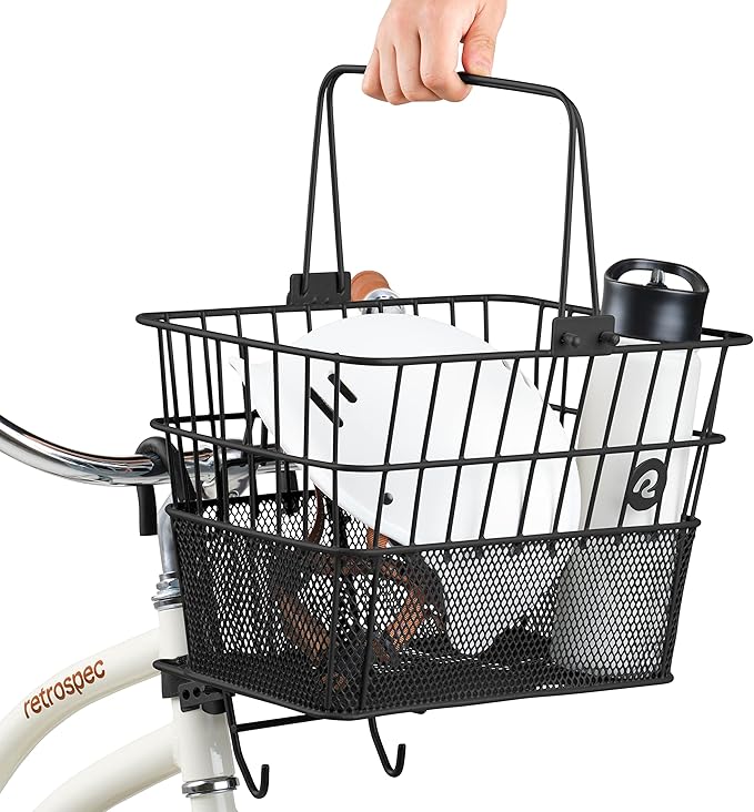 Retrospec Apollo Detachable Front Bike Basket Steel Half-Mesh with Integrated Detachable Hooks and Built-In Handle, Easy Assembly and Portability for Bicycles