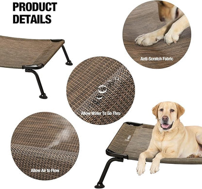 Veehoo Outdoor Elevated Dog Bed, Cooling Raised Dog Cot Bed XL, Portable Waterproof Curved Dogs Hammock Beds for Outside, up to 150lbs, Black Legs, Brown 49"