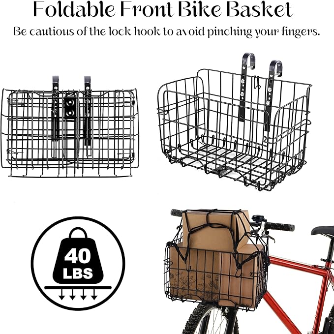 Aodaer Bike Basket with Removable Liner Bag Cargo Net Large Folding Bike Basket Quick Release Metal Ebike Basket Bicycle Storage Basket for Carrying Fruit &amp; Grocery Pets Dogs