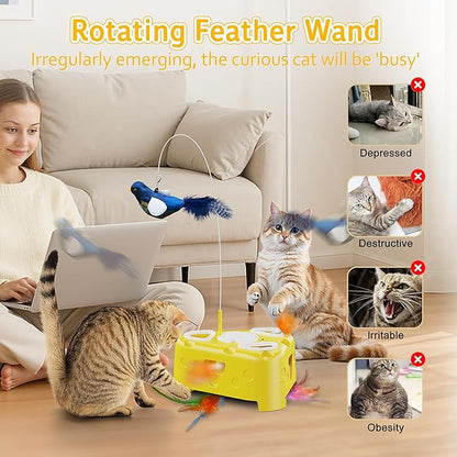 3-in-1 Interactive Cat Toy for Indoor Cats,Automatic Kitten Toys,Flying Bird,6 Holes Mole,Rotating Feather, USB Rechargeable Electronic Interactive Feather Toy for Bored Adult &amp; Kitten Cats