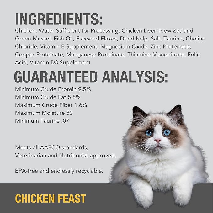 Feline Natural New Zealand Canned Catfood Wet Food, High-Meat, Low-Carb, &amp; Grain Free Cat Food Wet, Chicken Feast, 6 oz, Pack of 12