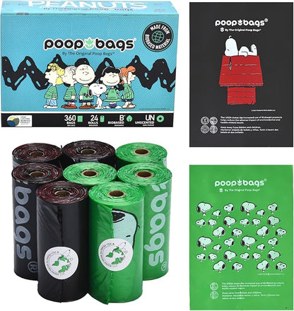 The Original Poop Bags® 38% USDA Biobased Pet Waste Bags, Peanuts Design, Leak-Resistant &amp; Durable, Black/Green, 360 Count