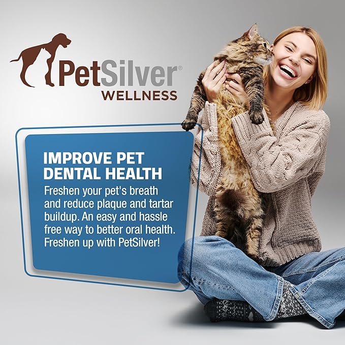 PetSilver Teeth &amp; Gum Spray - Dog Dental &amp; Teeth Cleaning Spray for Plaque &amp; Tartar Build-Up Reduction - Natural Breath Freshener for Dogs and Cats - Patented Chelated Silver - Made in The USA - 4 oz