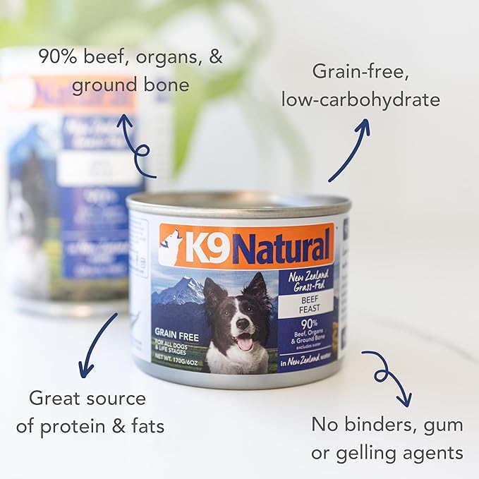 K9 Natural Wet Dog Food Pate, Beef Feast, 6 Oz Cans (Pack of 12), Grain Free, Made in New Zealand with Grass-Fed &amp; Finished Beef, Single Source, Limited Ingredient