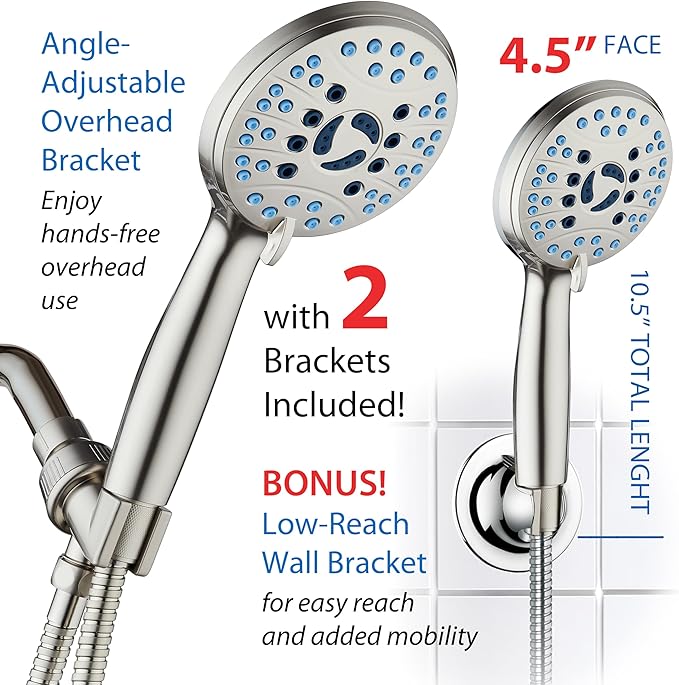 Hotel Spa AquaCare High Pressure 8-mode Handheld Shower Head, Anti-clog Nozzles, Built-in Power Wash to Clean Tub, Tile &amp; Pets, Extra Long 6 ft. Stainless Steel Hose, Wall &amp; Overhead Brackets