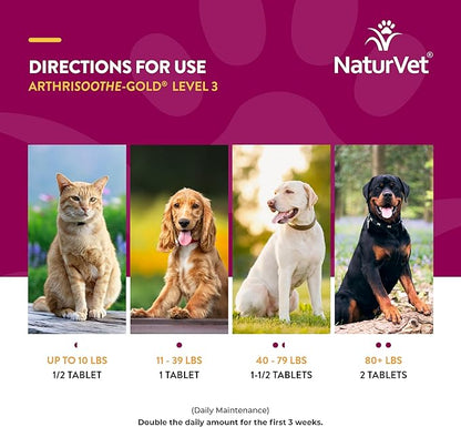 NaturVet – ArthriSoothe-GOLD – Level 3 Advanced Joint Care | Clinically Tested to Support Connective Tissue, Cartilage Health &amp; Joint Movement | Enhanced with Glucosamine, MSM, Chondroitin &amp; Green Lipped Mussel | For Dogs &amp; Cats | 120 Chewable Tablets