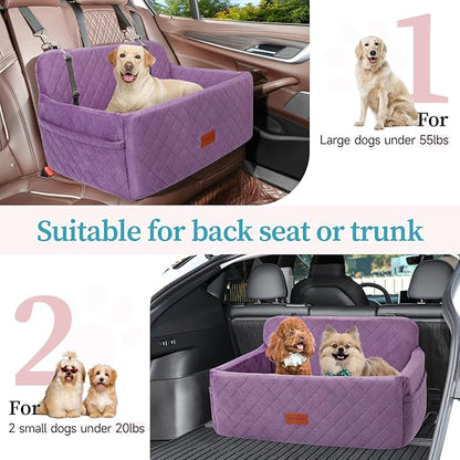 Dog Car Seat for Medium/Large Dogs, Pet Booster Seat for Under 55 lbs or 2 Small Dogs, Detachable &amp; Washable Dog Car Bed for Backseat with 2 Safety Leashes (Purple)