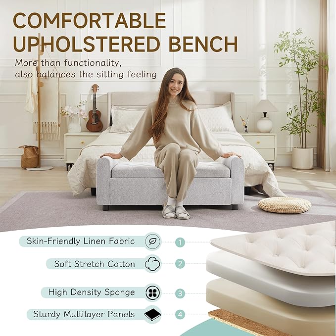 Ottoman with Storage, Tufted Storage Bench for Bedroom, 48" Fabrics End of Bed Bench, Upholstered Entryway Shoe Benches with Rolled Arm &amp; Inner Zipper, Window Ottomans Chest without Rivets, Light Grey