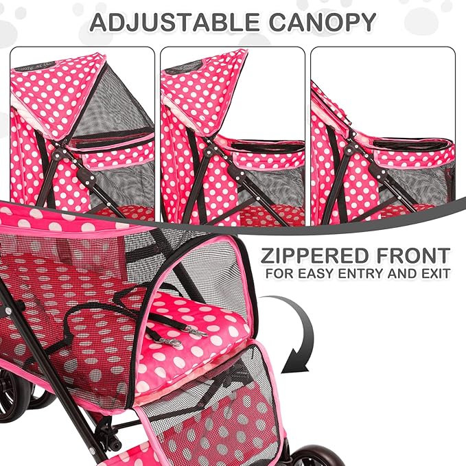 MoNiBloom 4 Wheels Pet Stroller, Easy-Fold Umbrella Shaped Dog Cat Jogger Stroller w/Storage Bag &amp; Visible Mesh for Small/Medium Dogs Cats Hot Pink Polka Dots