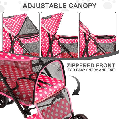 MoNiBloom 4 Wheels Pet Stroller, Easy-Fold Umbrella Shaped Dog Cat Jogger Stroller w/Storage Bag &amp; Visible Mesh for Small/Medium Dogs Cats Hot Pink Polka Dots