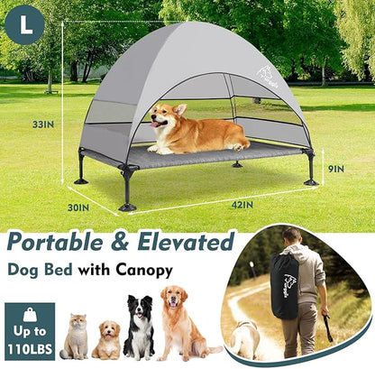 Upgraded Elevated Dog Bed with Canopy, Portable Raised Outdoor Dog Bed with Stable Anti-Slip Feet, Wider Shade Pet Bed Cot, Raised Dog Beds for Large Dogs Camping, Indoor &amp; Outdoor Use