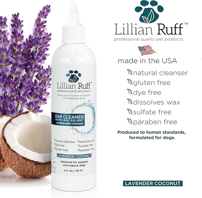 Lillian Ruff Ear Cleaner &amp; Otic Wax Solvent for Dogs with Tea Tree Oil, Bee Propolis &amp; Aloe - Coconut and Lavender Scent - Dissolve Wax and Combat Ear Odors - Safe for Sensitive Ears (4oz)