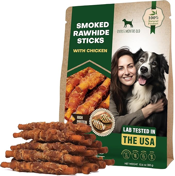 Dog Treats Rawhide Sticks Wrapped with Chicken 11 oz Pet Natural Chew Treats - Grain Free Meat &amp; Human Grade Dried Snacks - Best for Small &amp; Large Dogs (10.6 Ounce (Pack of 1), Smoked Chicken)