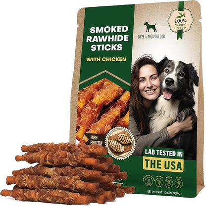 Dog Treats Rawhide Sticks Wrapped with Chicken 11 oz Pet Natural Chew Treats - Grain Free Meat &amp; Human Grade Dried Snacks - Best for Small &amp; Large Dogs (10.6 Ounce (Pack of 1), Smoked Chicken)