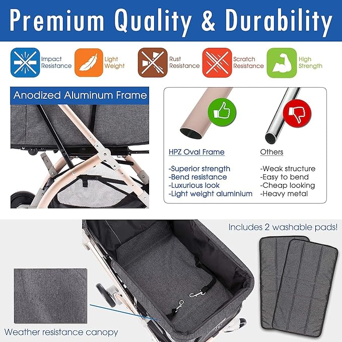 HPZ-PR America Pet Rover Lite Premium Light-Weight Dog/Cat/Pet Stroller Travel Carriage with Convertible Compartment/Aluminum Frame for Small &amp; Medium Pets (Gray 2nd-Gen.)