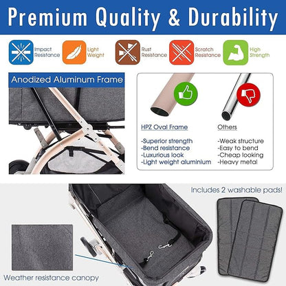 HPZ-PR America Pet Rover Lite Premium Light-Weight Dog/Cat/Pet Stroller Travel Carriage with Convertible Compartment/Aluminum Frame for Small &amp; Medium Pets (Gray 2nd-Gen.)