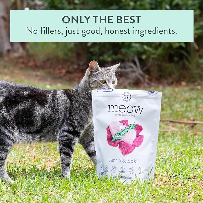 Meow Lamb &amp; Hoki Freeze Dried Raw Cat Food, Mixer, or Topper, or Treat - High Protein, Natural, Limited Ingredient Recipe 9.9 oz