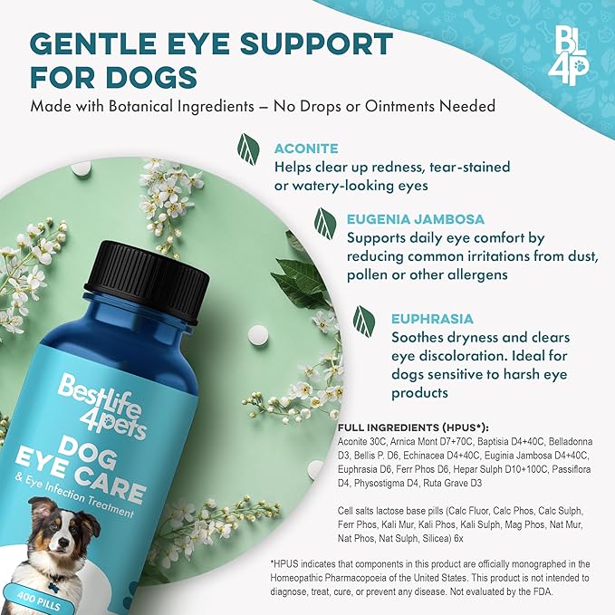 Dog Eye Care &amp; Infection Treatment, Natural Dog Supplements for Conjunctivitis, Swelling, Dry Eyes and Discharge, Easy to Use, No More Struggle with Canine Drops, 400 Small Pills