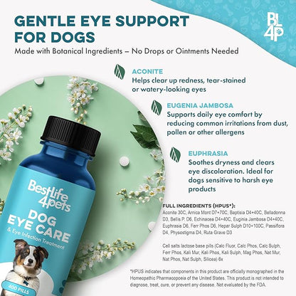 Dog Eye Care &amp; Infection Treatment, Natural Dog Supplements for Conjunctivitis, Swelling, Dry Eyes and Discharge, Easy to Use, No More Struggle with Canine Drops, 400 Small Pills