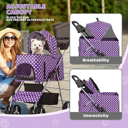 Magshion Foldable Pet Stroller, 3-in-1 Dog Travel Jogger with Detachable Carrier, Cup Holder, Storage Basket, Folding Carrier for Small/Medium Dogs &amp; Cats Up to 33 lbs, Purple Polka Dots