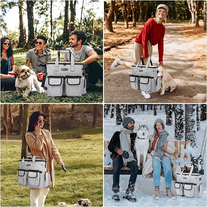 Airline Approved Dog Travel Bag with 2 Dog Treat Training Pouches, Tote Organizer for Weekend Pet Travel Supplies &amp; Accessories, 2 Collapsible Bowls, 2 Food Container (Grey)