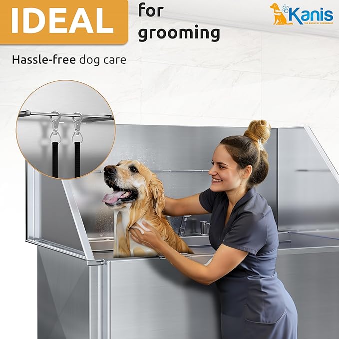 KANIS Professional Dog Washing Station - 304 Stainless Steel Pet Wash Sink &amp; Grooming Bath Tub for Home with Ramp, Shower, Floor Grate, Storage Shelf, Faucet, Drain Kit for Large, Medium &amp; Small Pets