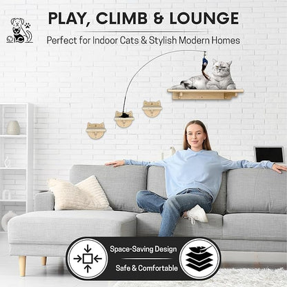 Snuggle &amp; Play Cat Wall Shelves with Suction Cup Wand – 3 Mounted Steps, Climbing Wall Shelves and Furniture with Cat Wand