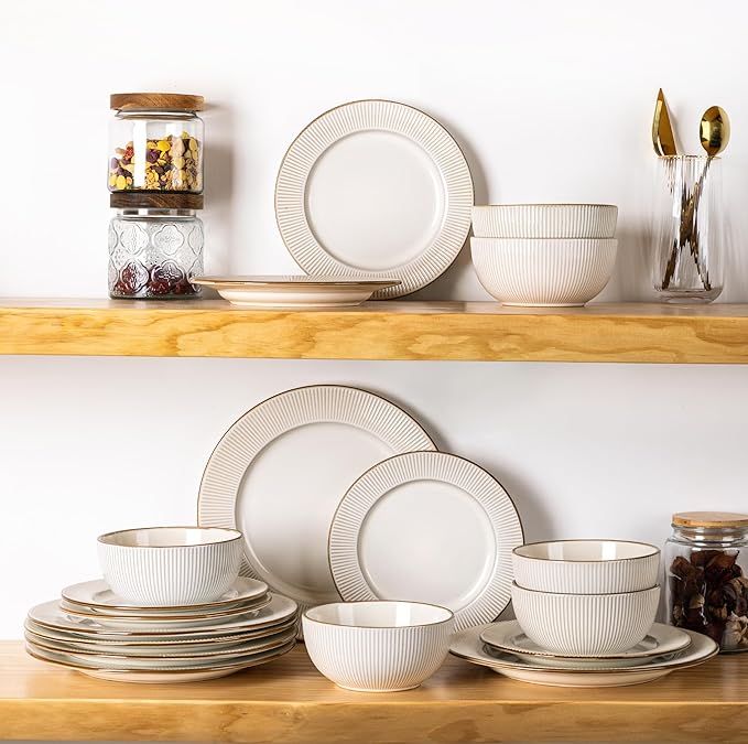 GBHOME Ceramic Dinnerware Sets,18 pcs Embossed Elegant Stoneware Plates and Bowls Sets, Housewarming Wedding Gift | Dishwasher &amp; Microwave Safe | Dishes Set Service for 6