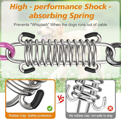 Tresbro 100FT Dog Tie Out Cable with Spring, Shock Absorbing Tether Chains for Outside Aavilable in 10/15/20/25/30/40/50/70/100/120 FT, Heavy Duty Leads for Yard for Medium &amp; Large Dogs Up to 500 LBS