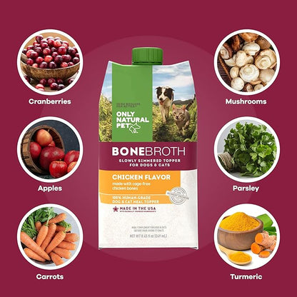 Only Natural Pet Bone Broth Chicken Flavor Dog &amp; Cat Meal Topper, 100% Human-Grade Slow-Simmered, Free-Range for Dry Food or to Hydrate Dehydrated Food - (2-Pack / 11.16 oz Each)