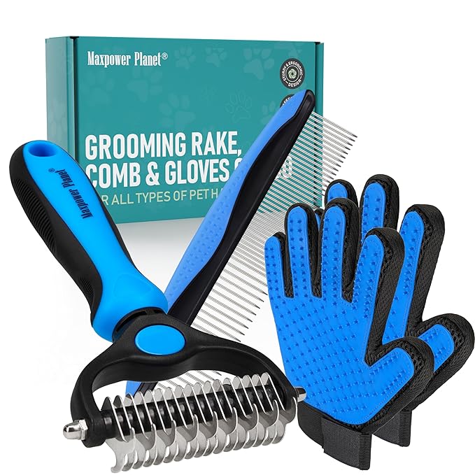 Maxpower Planet Pet Grooming Brush - Double Sided Shedding and Dematting Undercoat Rake Comb for Dogs and Cats,Extra Wide (B1 - Rake, Gloves &amp; Comb, Large)