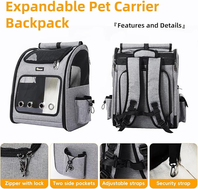 Hoopet Expandable Cat Backpack Carrier – Breathable Pet Carrier for Small Cats &amp; Dogs, Foldable Travel Backpack with Mesh Ventilation for Hiking, Walking, Camping, Light Grey