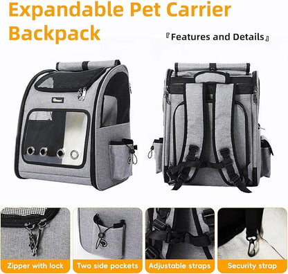 Hoopet Expandable Cat Backpack Carrier – Breathable Pet Carrier for Small Cats &amp; Dogs, Foldable Travel Backpack with Mesh Ventilation for Hiking, Walking, Camping, Light Grey