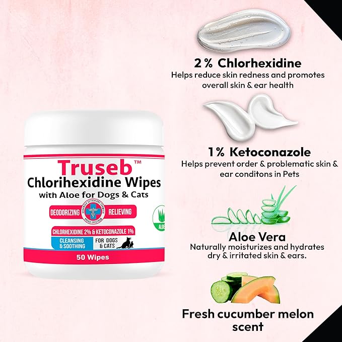 Truseb Topical for Dogs, Cats and Horses - with Aloe for Cleansing (Ketoconazole &amp; Chlorhexidine Wipes, 100 Count)