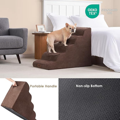 EHEYCIGA Curved Dog Stairs Ramp for High Beds, 5-Step Extra Wide Dog Steps for Small Dogs and Cats, Pet Stairs for High Bed Climbing, Non-Slip Balanced Pet Step Indoor, Brown
